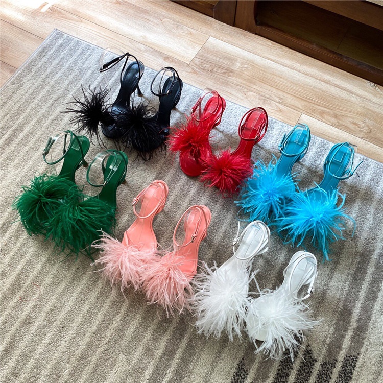 2021   Wanita Sandal Burung Unta Bulu Tumit Tinggi Sepatu Hak Tinggi   American Wanita Fashion Sepat