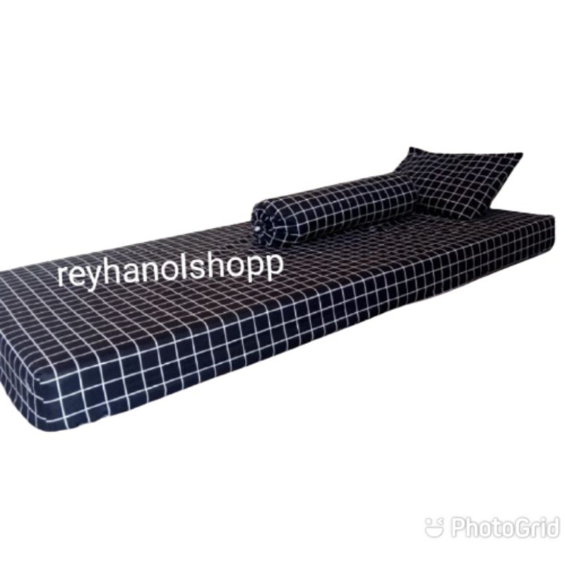 Sprei set sudut karet motif kotak dan polos single size: 90x200x15/120×200×15