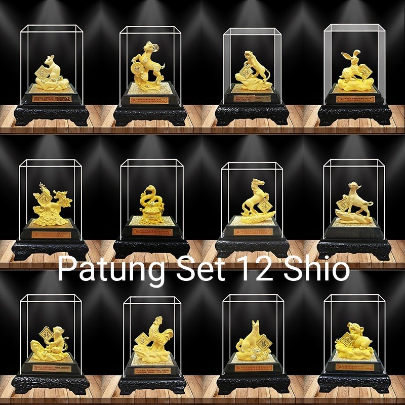 Patung Emas Box Kaca Komplit Gift Set 12 Shio Kado Imlek Pajangan Shio