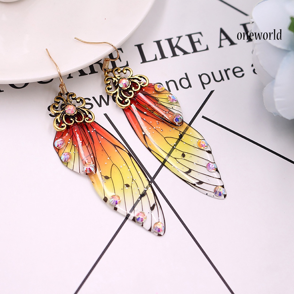 OW# Colorful Butterflies Wing Shape Drop Earrings Women Simulation Rhinestone Dangle Hook Earrings Jewelry Accessory