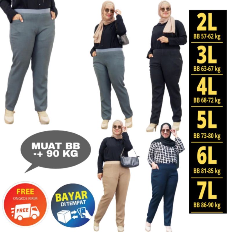 Celana Kerja Wanita Kantor Pinggang Karet High waist Jumbo Big Size Oversize  Premium