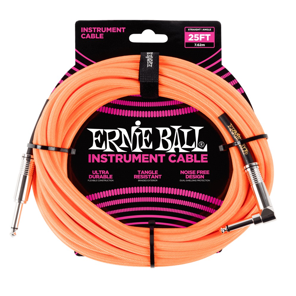 Ernie Ball 25 Braided Straight  Angle Instrument Cable  Neon Orange P06067