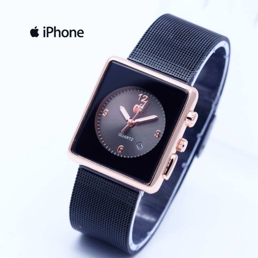 Jam Tangan Wanita Cewek Analog Iphone Segi Pasir Black Rosegold