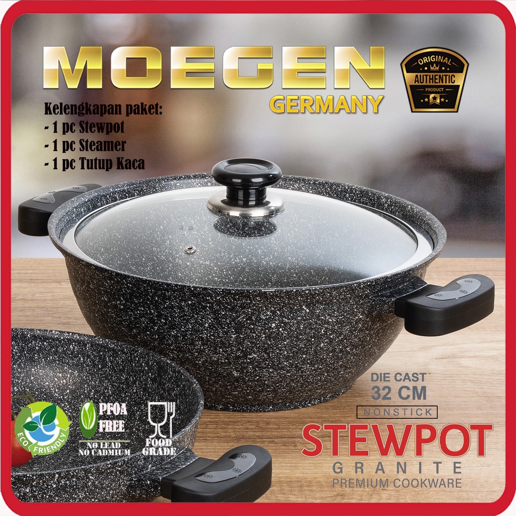 ORIGINAL MOEGEN Germany stewpot 32cm granite anti lengket original plus steamer