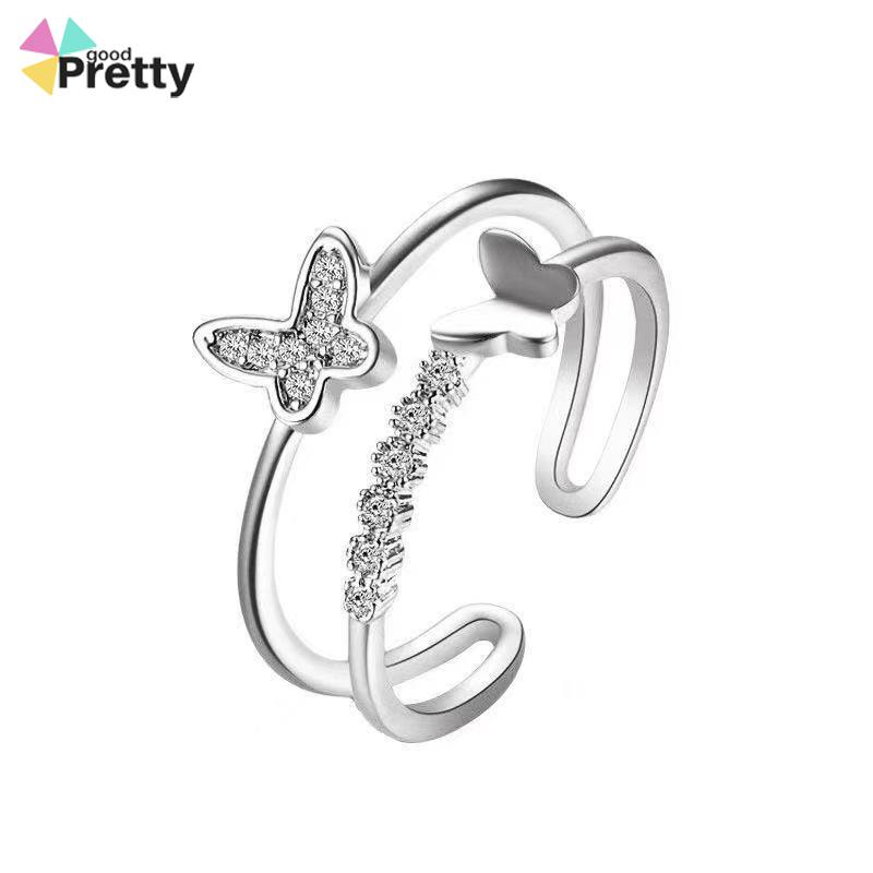 Double Butterfly Diamond Ring Pembukaan Cincin Dapat Disesuaikan Wanita Fashion Perhiasan Aksesoris Hadiah Natal - PD