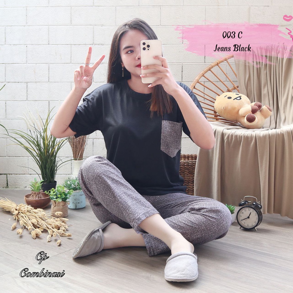 IZANY Piyama Dewasa CP Oblong Kaos Celana Panjang Rayon Fit to XL-003 C JEANS BLACK