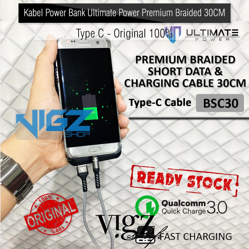 Kabel Power Bank Type C 30CM Ultimate Power Premium Braided Fast Charging QC 3.0