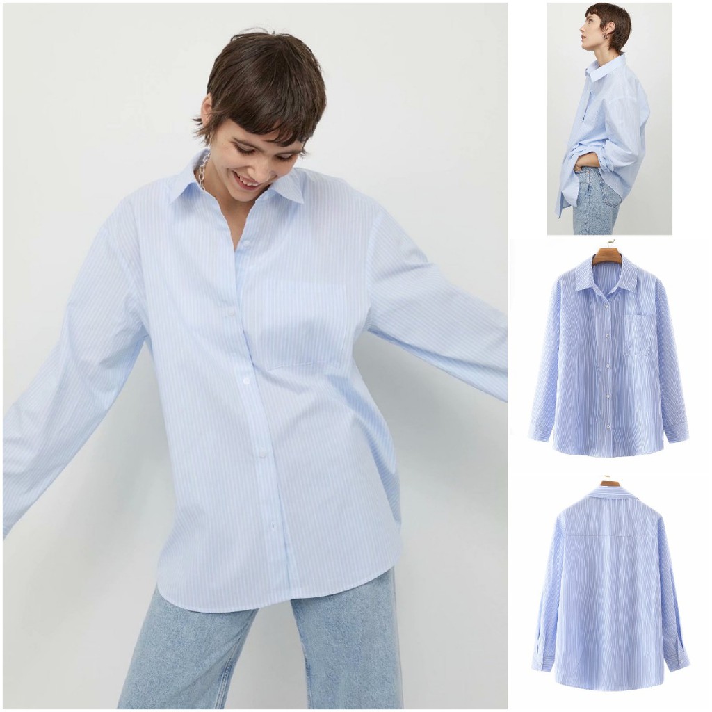 KEMEJA IMPORT BIRU OVERSIZE WANITA MOTIF GARIS PREMIUM QUALITY 6VEN1246