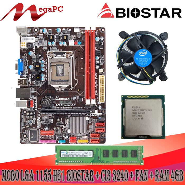 Motherboard lga 1155 H61 DDR3 + processor Ci3 3240 + Fan + RAM 4GB