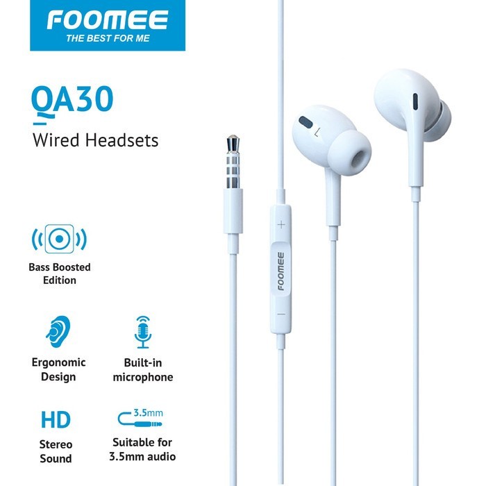 Foomee QA30 Wired Earphones Mic HD Stereo Sound White