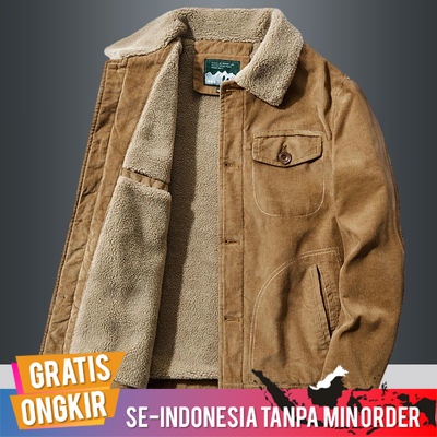 Jaket Pria Import Korduroi Trucker Sherpa Mantel Katun Musim Dingin Tebal Workwear Beludru