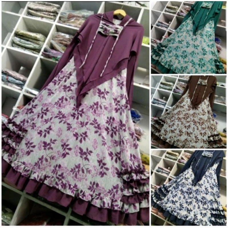 RUFFLE SYARI + MASKER GAMIS FULL CERUTY MOTIF PRINT BUNGA BUSUI