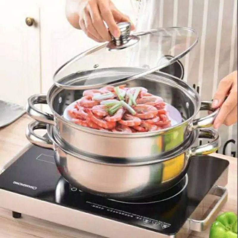 [BISA COD] Panci Kukus 2 susun Kukusan Double Stainless Steel Steamer Pan Dandang 2 layer cooking pot 2in1