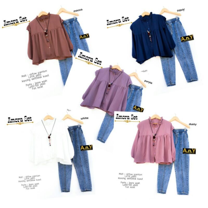 ONE SET AMORA SETELAN CELANA JEANS + TUNIK BY A.N.Y