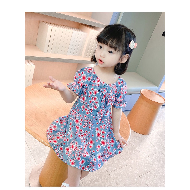 Dress Anak Perempuan Korean Fashion Floral Printed Short Sleeve Gaun