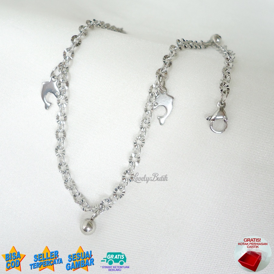 Lovelybutik Gelang Kaki Dewasa Titanium Anti Karat Dolphin Dolpin Gelang Kaki Wanita Titanium Rantai Nori Donat Ukuran 27 Cm BONUS TEMPAT PERHIASAN