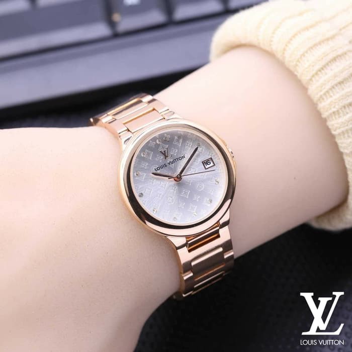 Jam Tangan Wanita Cewek Louis Vuitton LV Logo Rantai Rose White