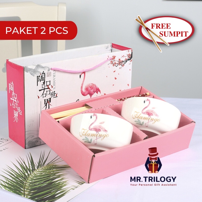 Hampers Flamingo Mangkok Jepang Keramik Set Alat Makan Sumpit Aestetik Kekinian Sovenir Hadiah Lebaran Nikah Pink