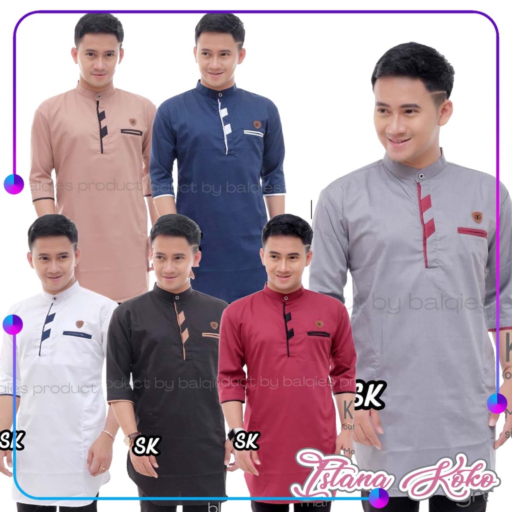 Koko Jasko Lengan 3/4 Bahan Toyobo Model Kancing Wajik Warna Putih Abu Coklat Biru Marun Hitam - Ist
