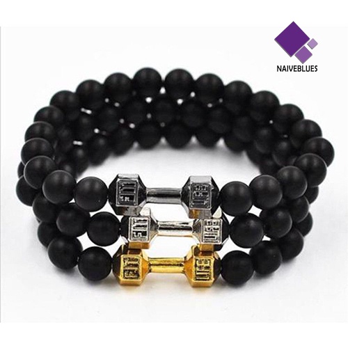 Naiveblue &gt; Gelang Tangan Unisex Dewasa Manik Batu Hitam Matte Adjustable Untuk Fitness / Gym