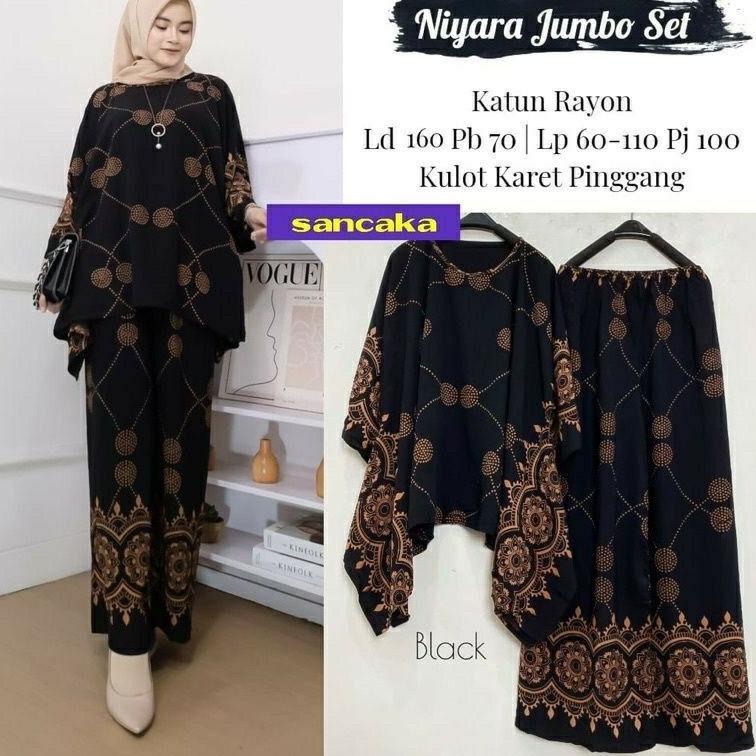 Big Sale.. NIYARA JUMBO SET Baju Setelan One Set Batwing Tunik Waka Waka Kulot Celana Panjang Motif 