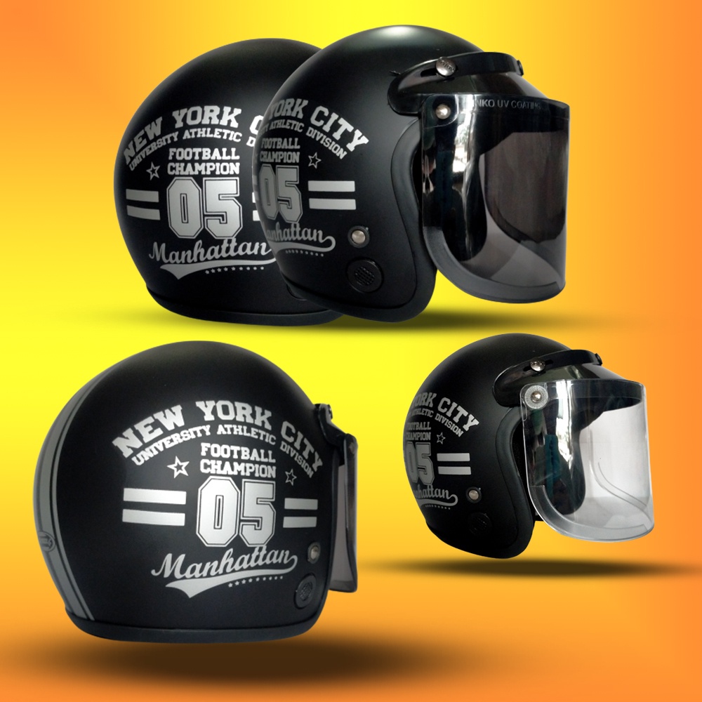 HELM BOGO RETRO MOTIF DEWASA FULL LEHER KACA CEMBUNG HITAM BENING MURAH UNTUK PRIA DAN WANITA DEWASA COD