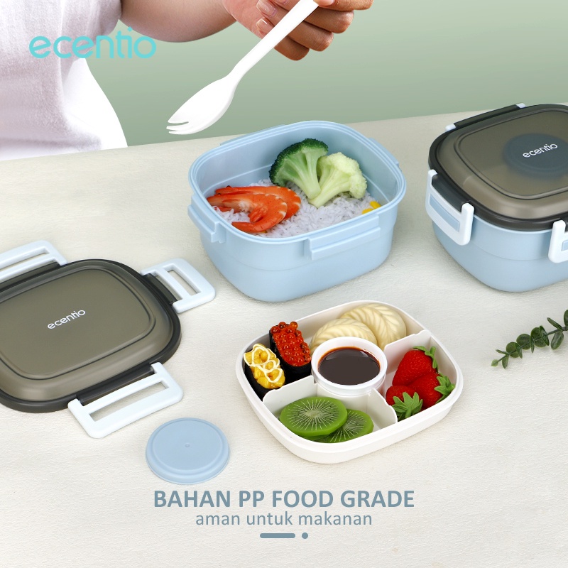 ecentio &amp; FOODI 1.6L tempat makan anak 2/3 susun icy block lunch box set anti tumpah biru salad/lunch box set 1600ml tempat bekal/double-layer lunch box set/Free sauce cap/Free sendok set
