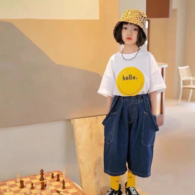 Promo !! Setelan overal anak cewek/ setelan overal hello smile import uk 120 uk 4-5thn (kuning, pink)