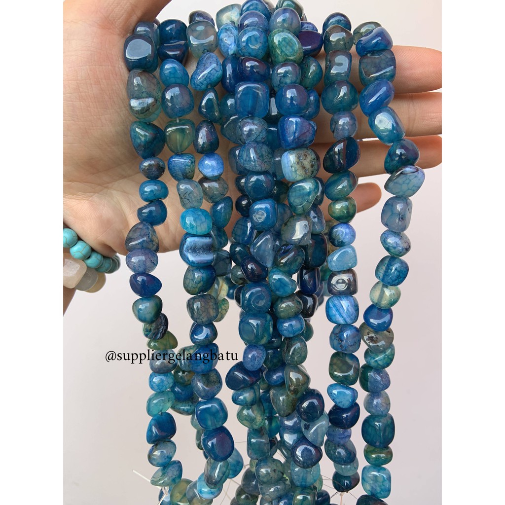 manik Batu alam BLUE ONYX biru serat Beads 12 x 10mm bahan kerikil