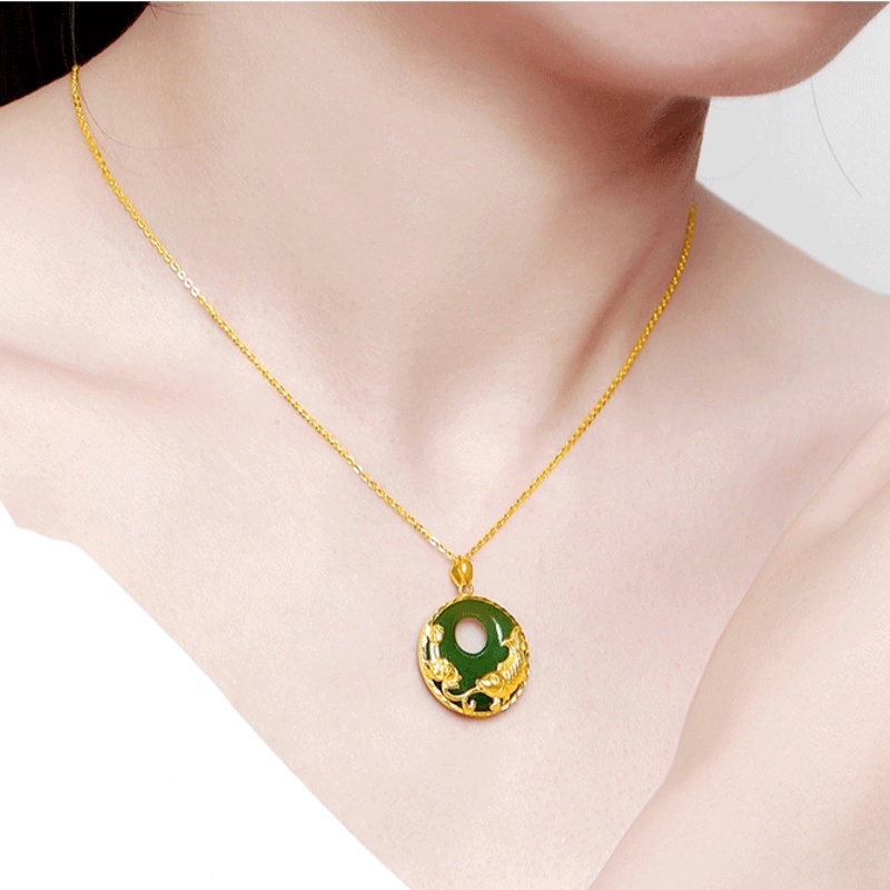 Chinese Style Mythical Animal Green Chalcedony Necklace/ Gold Color Dragon Phoenix Jade Pendant Necklace/ Lucky Circle Clavicle Necklace/ Amulet Jewelry Accessories Gifts