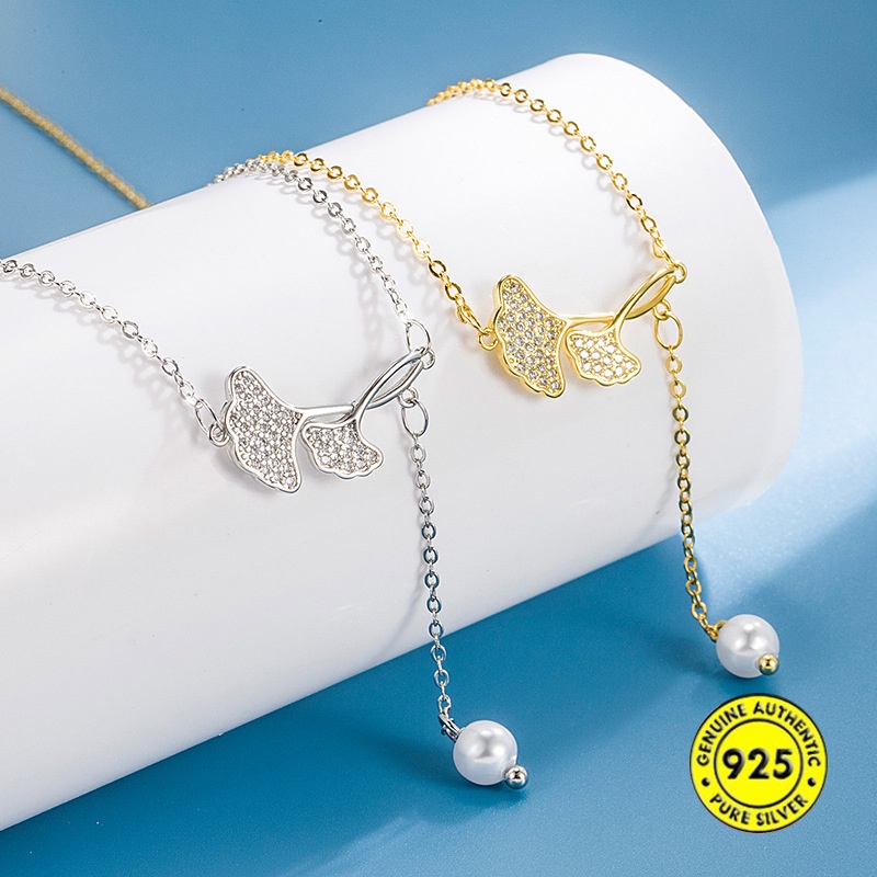 Kalung Rantai Emas 18K Dengan Liontin Daun Ginkgo + Mutiara Untuk Wanita