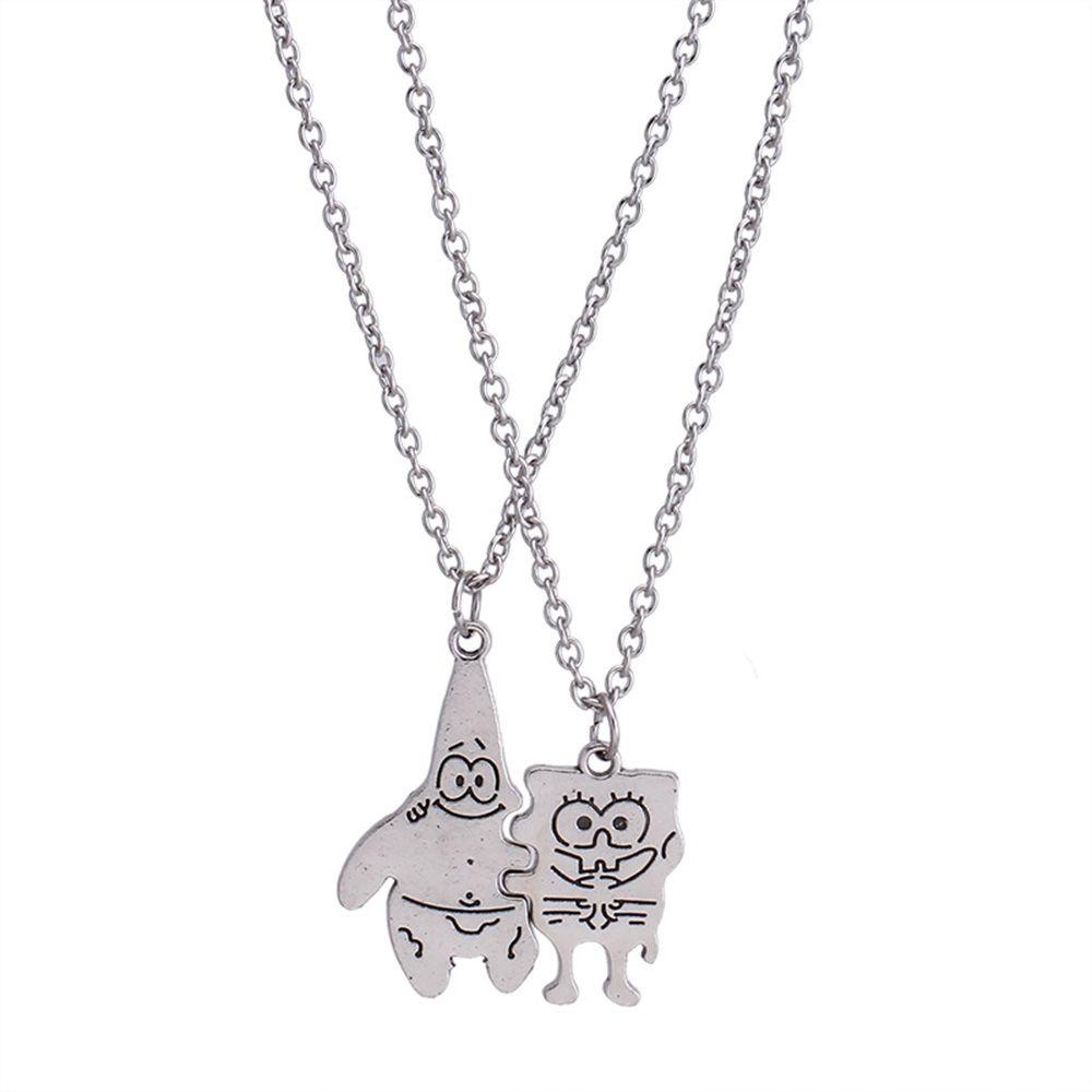 Kalung Pasangan LILY Bahan Besi Desain Splicing Hadiah Sahabat Motif SpongeBob Patrick Star