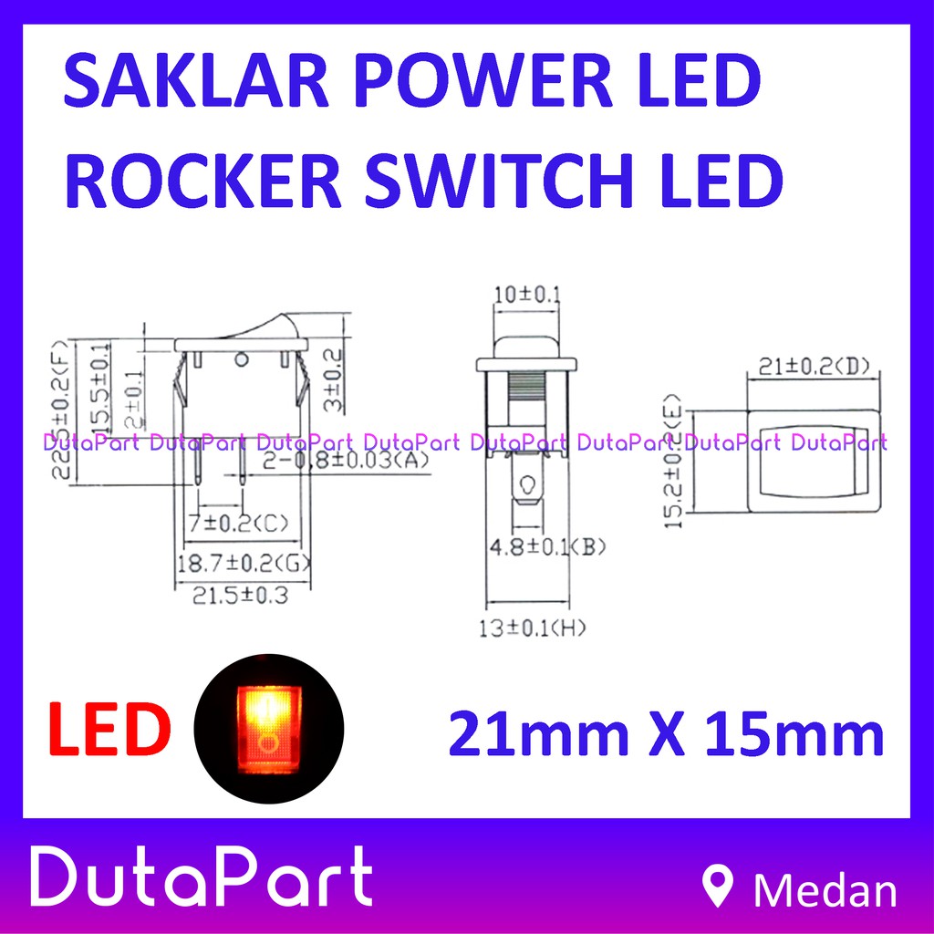 Saklar Power Rocker Switch LED ON OFF 21mm x 15mm 4 PIN Kaki 6A 250VAC