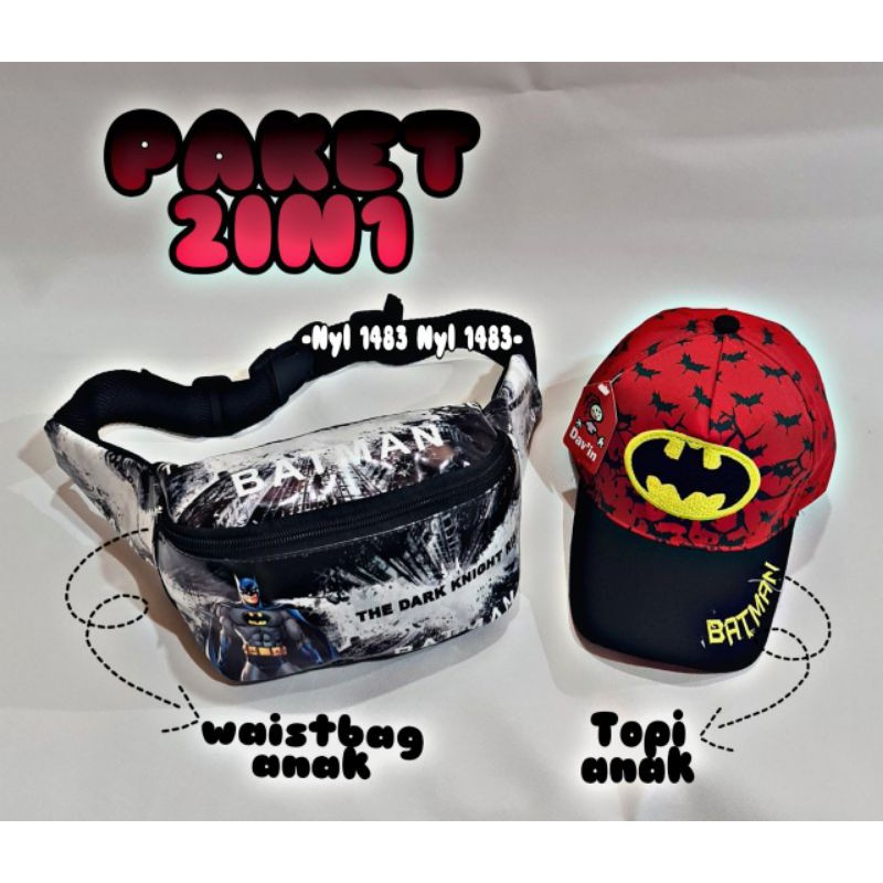 Paket 2in1 Tas Selempang Waistbag anak Laki-laki karakter / free topi anak