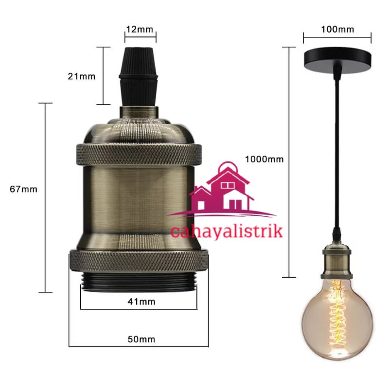 FITING LAMPU GANTUNG E27 ALUMINIUM + KOP KABEL TANPA EDISON FILAMENT