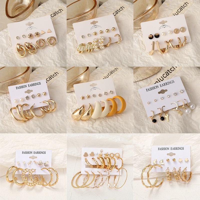 34pcs / Set Anting Stud Rumbai Desain Kupu-Kupu Aksen Mutiara Warna Emas Gaya Retro Untuk Wanita