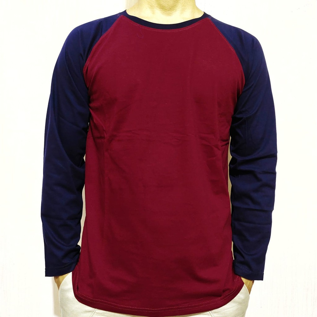 Kaos polos raglan maron lengan navy panjang M L XL XXL