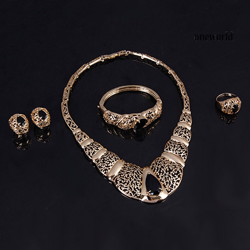 OW@ Luxury African Style Teardrop Rhinestone Hollow KC Gold Plated Lady Jewelry Set