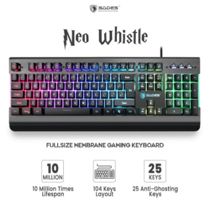 Keyboard gaming sades wired usb 2.0 104 key membrane fullsize rgb neo whistle sa-kb105