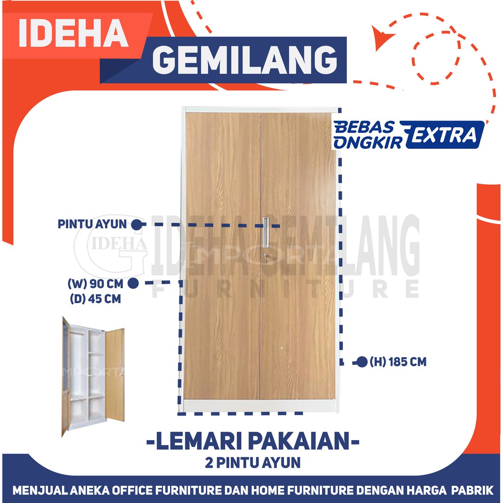 Lemari Pakaian Besi 2 pintu ayun full Motif Kayu