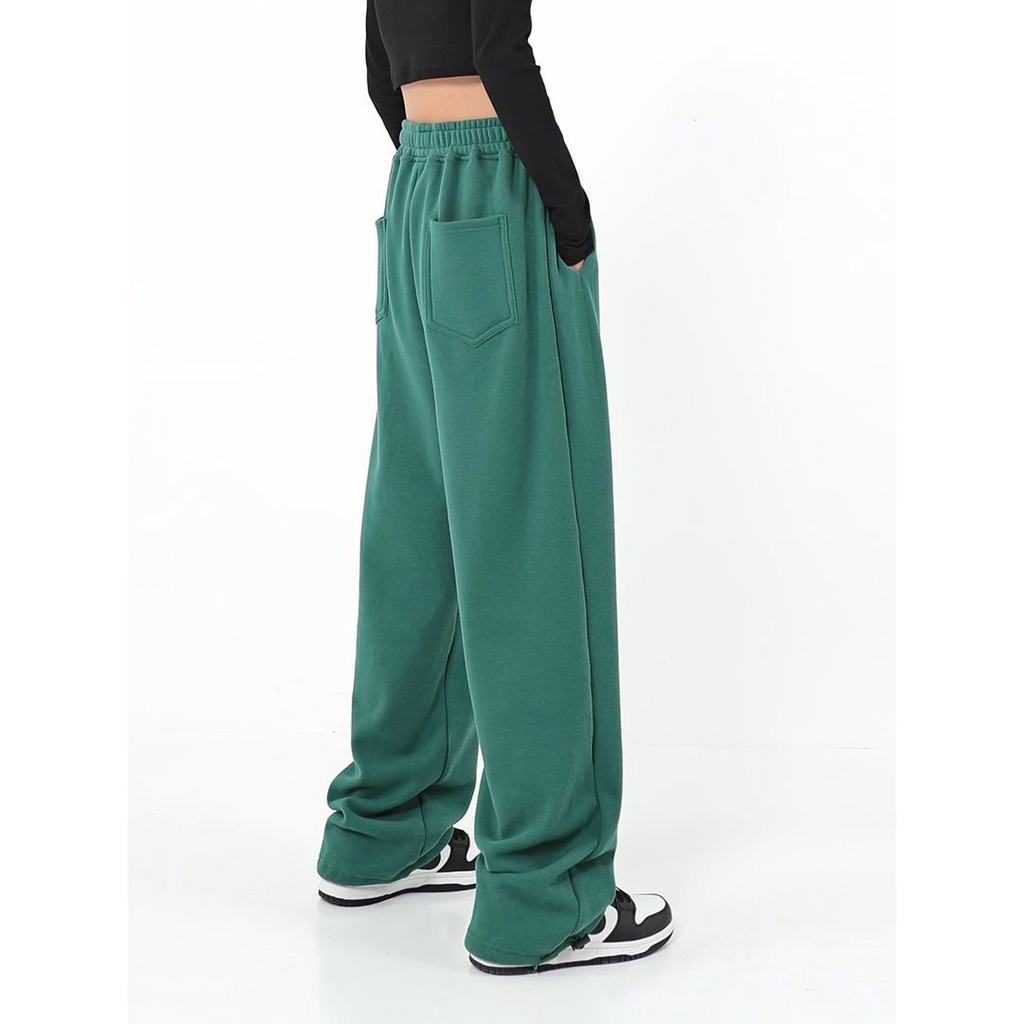 Suhao American Green Sweatpants Celana Wanita Kaki Lebar Celana Santai High Street