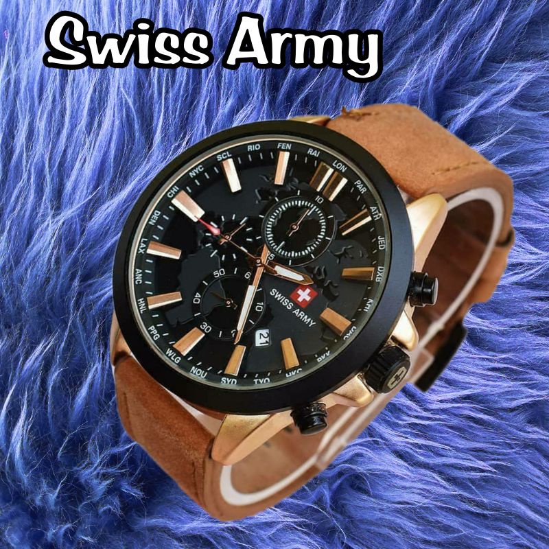 Jam S'WlSSA'rmy Pria tali kulit  - chrono aktif + free gelang ( model random)