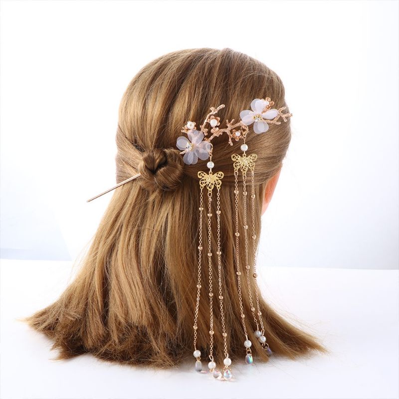 Oriental hair piece double flower tassel gold