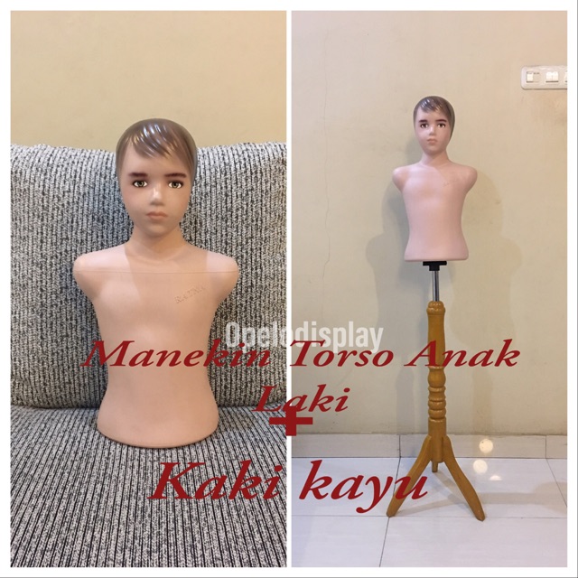 Manekin torso anak rambut laki laki + kaki kayu