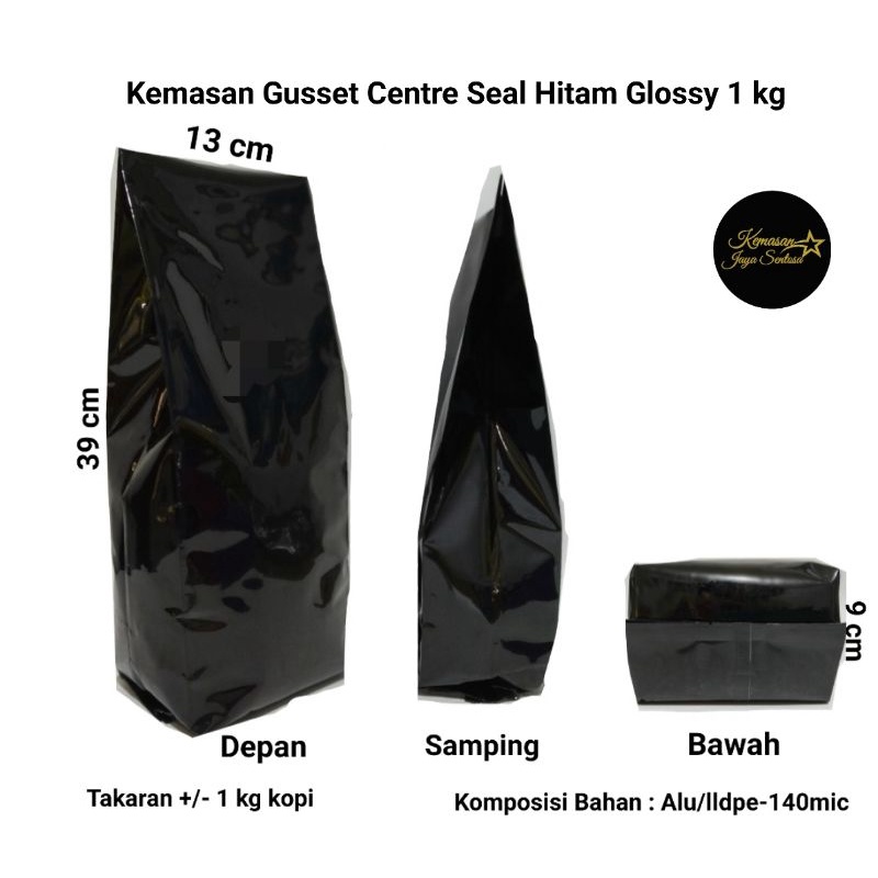 Kemasan Gusset Centre Seal Hitam Glossy 1 kg.kemasam kopi.standing pouch.flat bottom hitam.gusset
