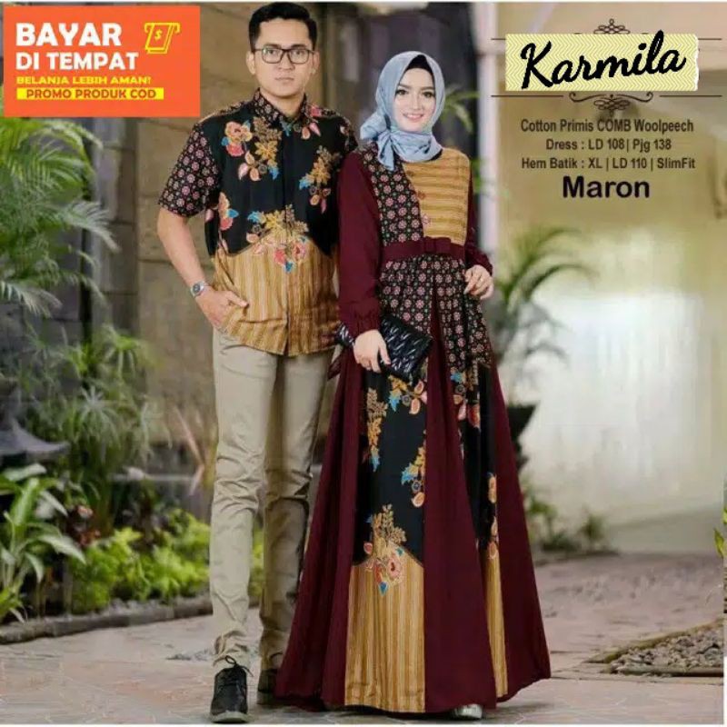 Karmila Batik - Dress Gamis Pasangan Couple Batik XL Jumbo Katun Bangkok Motif Bunga Maroon Hitam