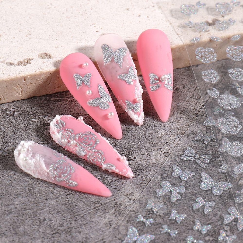 R-flower Nail Stiker Perekat Decals Love Heart Laser Bubuk Perak