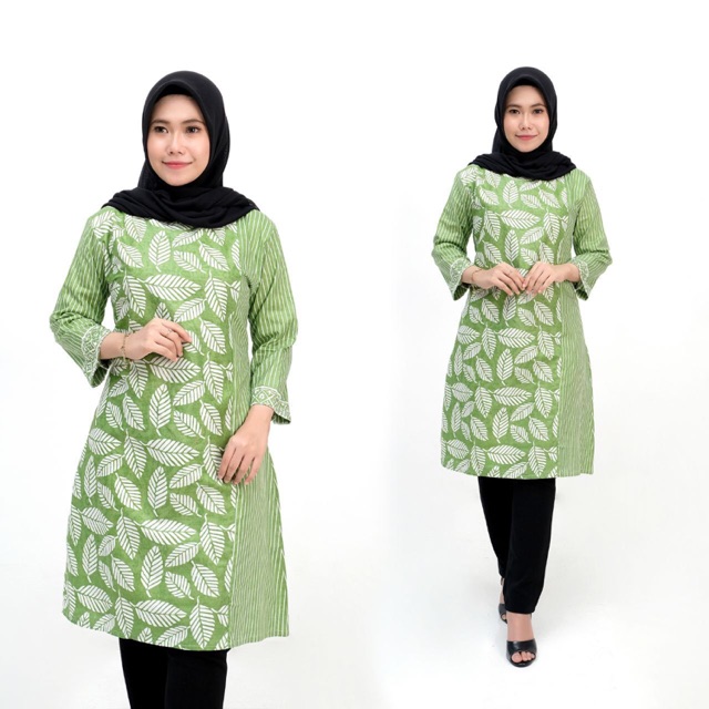 Tunik salur hijau cap garutan kombinasi daun