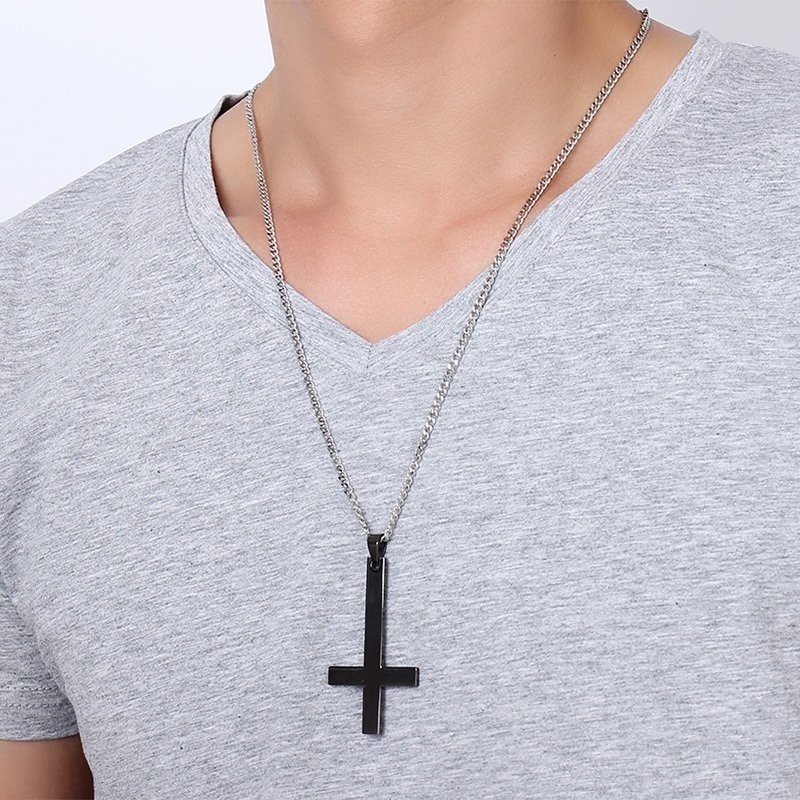 Male Black Plated St Peter's Inverted Cross Pendant Necklace for Men Stainless Steel Choker Crux de Sanctus Petrus Jewelry