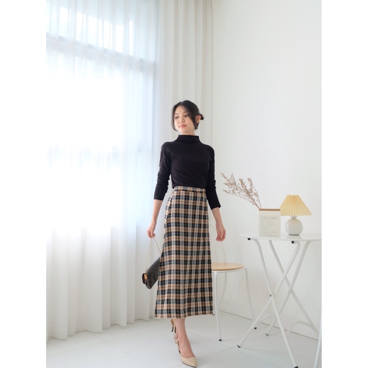 Kadaka B-0140 Skirt Tweed Midi Tartan Kotak-kotak Korea